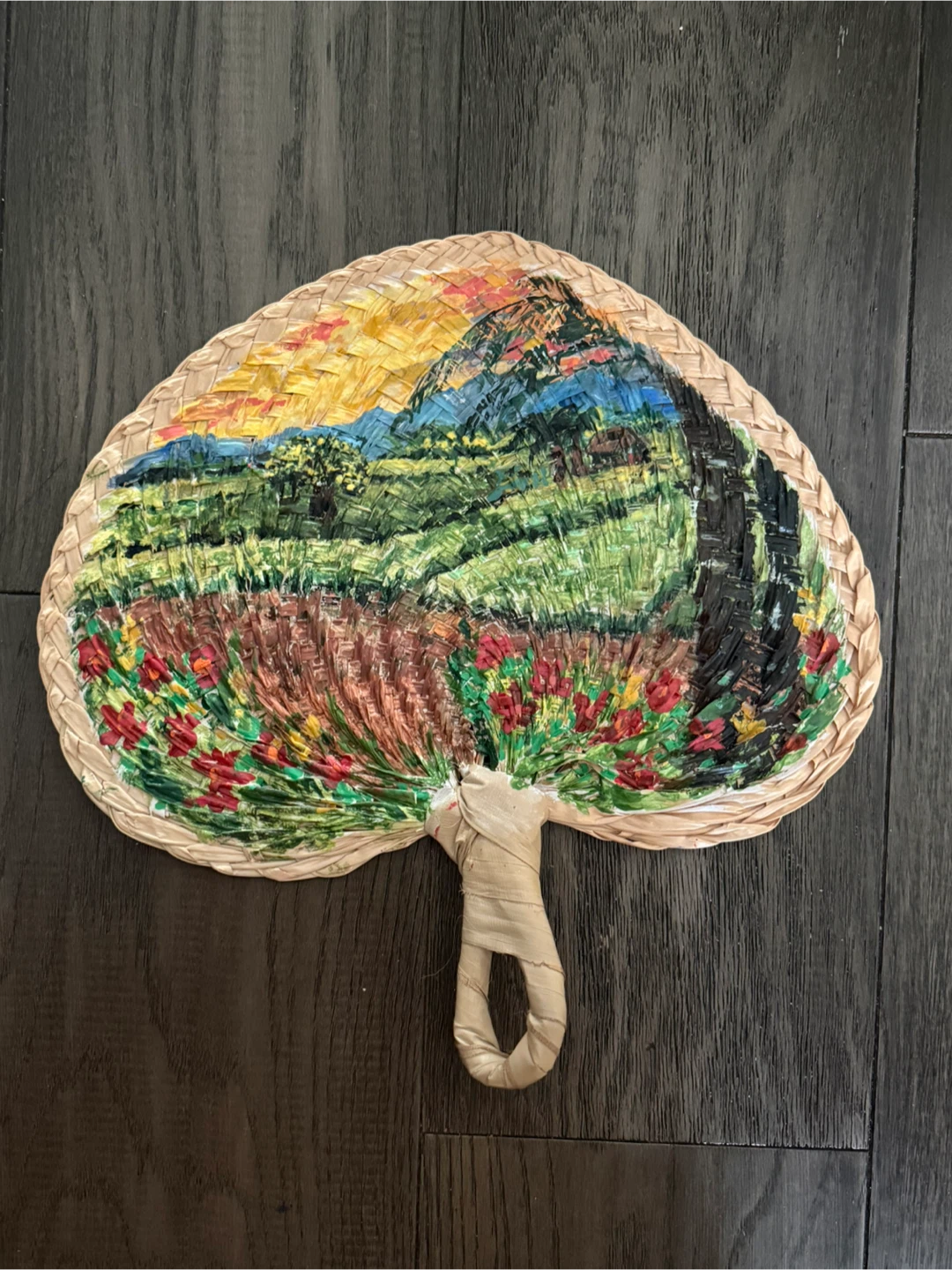 Palm Leaf Fan with Sunset Scene