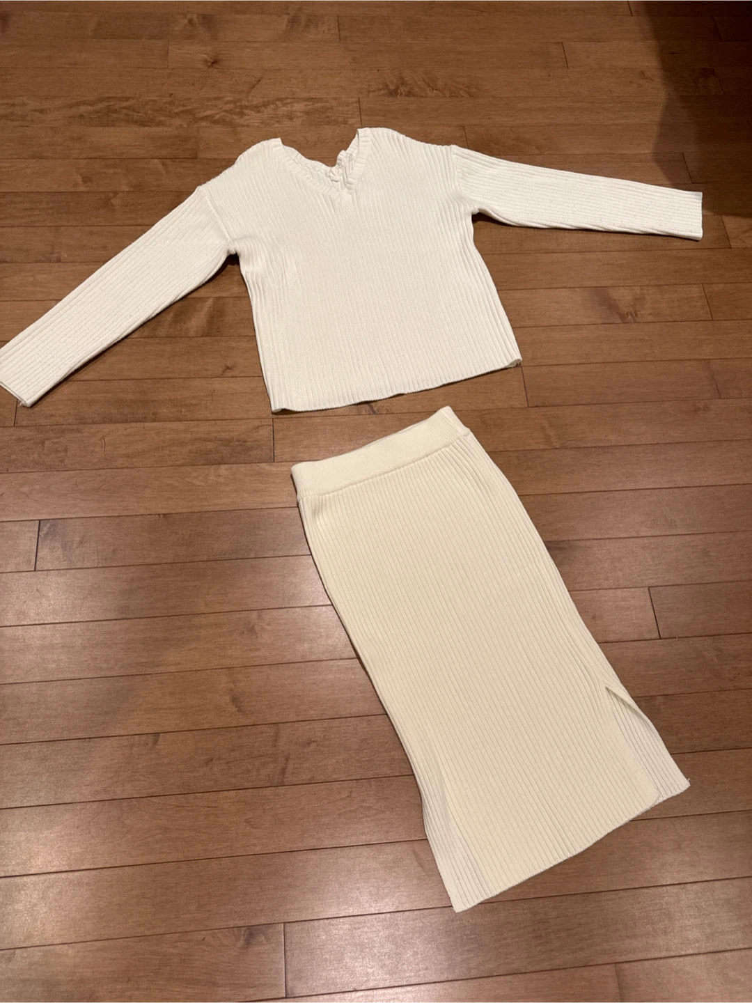 Cream Ribbed Sweater and Skirt Set