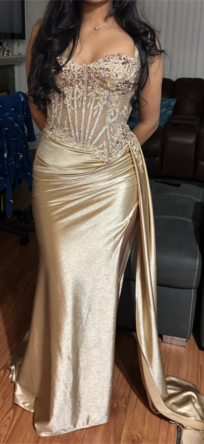 Gold Beaded Corset Prom Dress