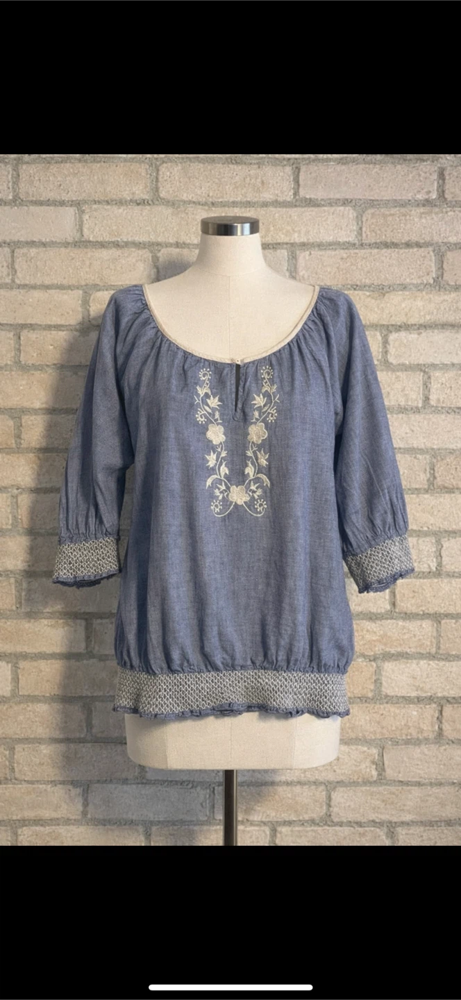 Zara Basic Blue Embroidered Top Size M