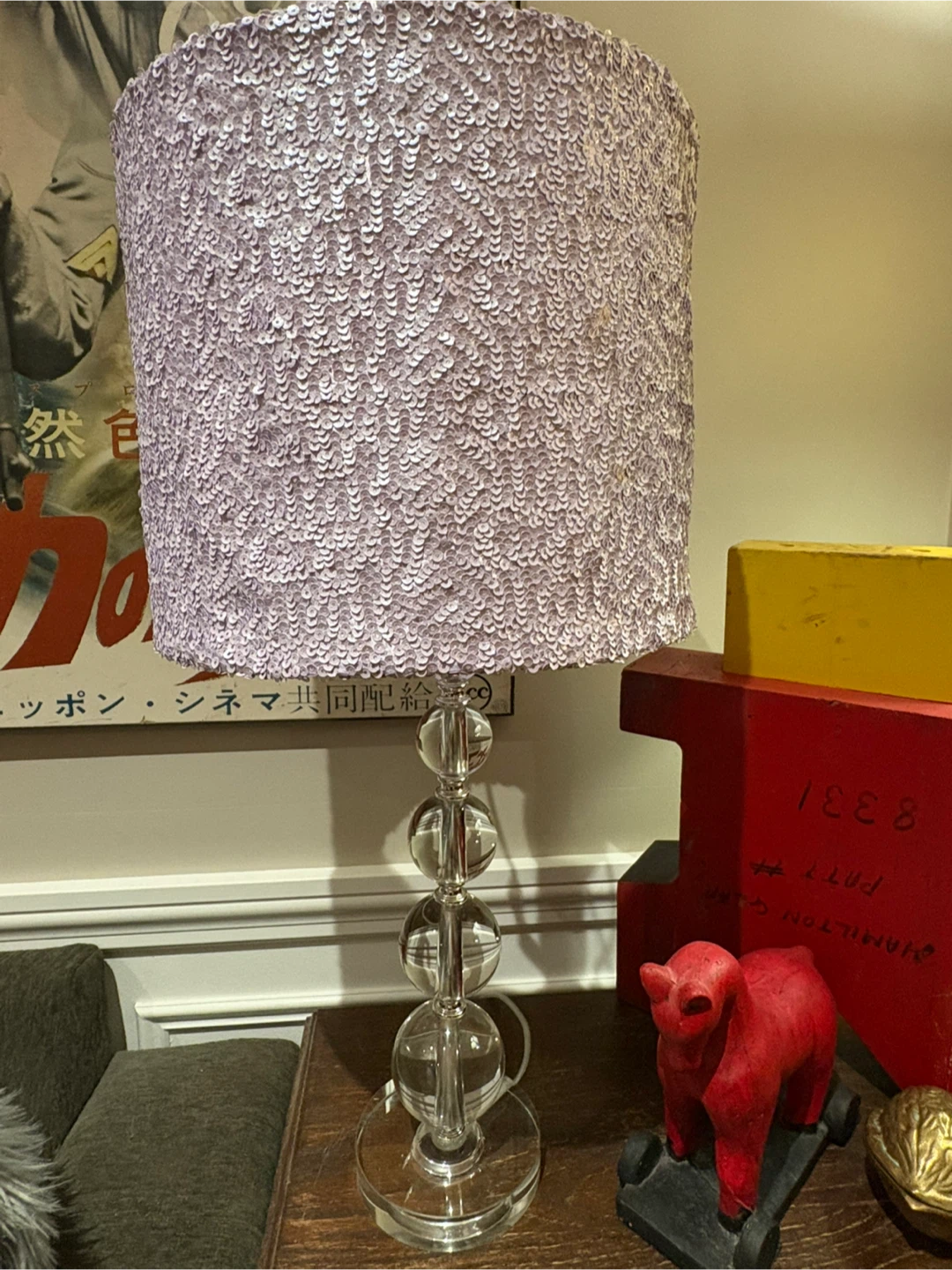 Lavender Sequin Lamp with Clear Crystal Base