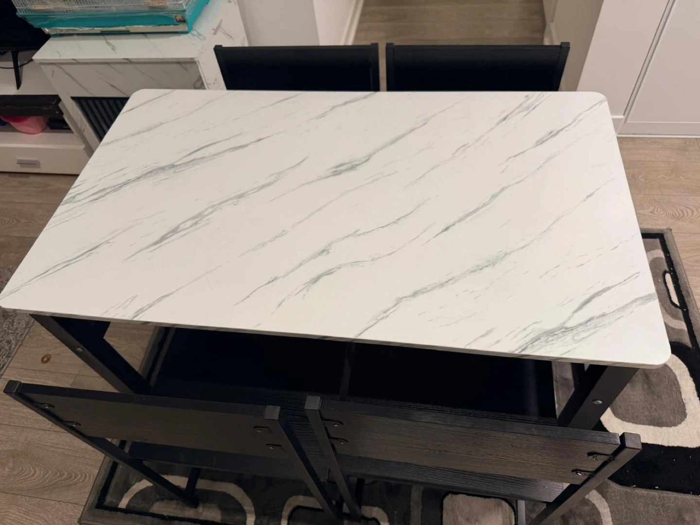 Marble Top Dining Set with 4 Black Chairs