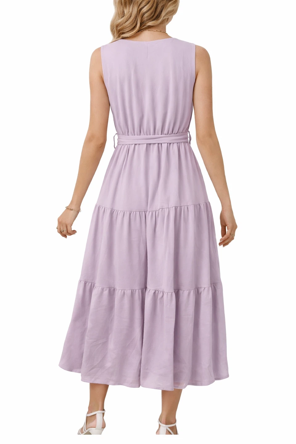 NEW! ZILCREMO Lilac Tiered Chiffon Midi Dress | V-Neck | Belted - photo 2