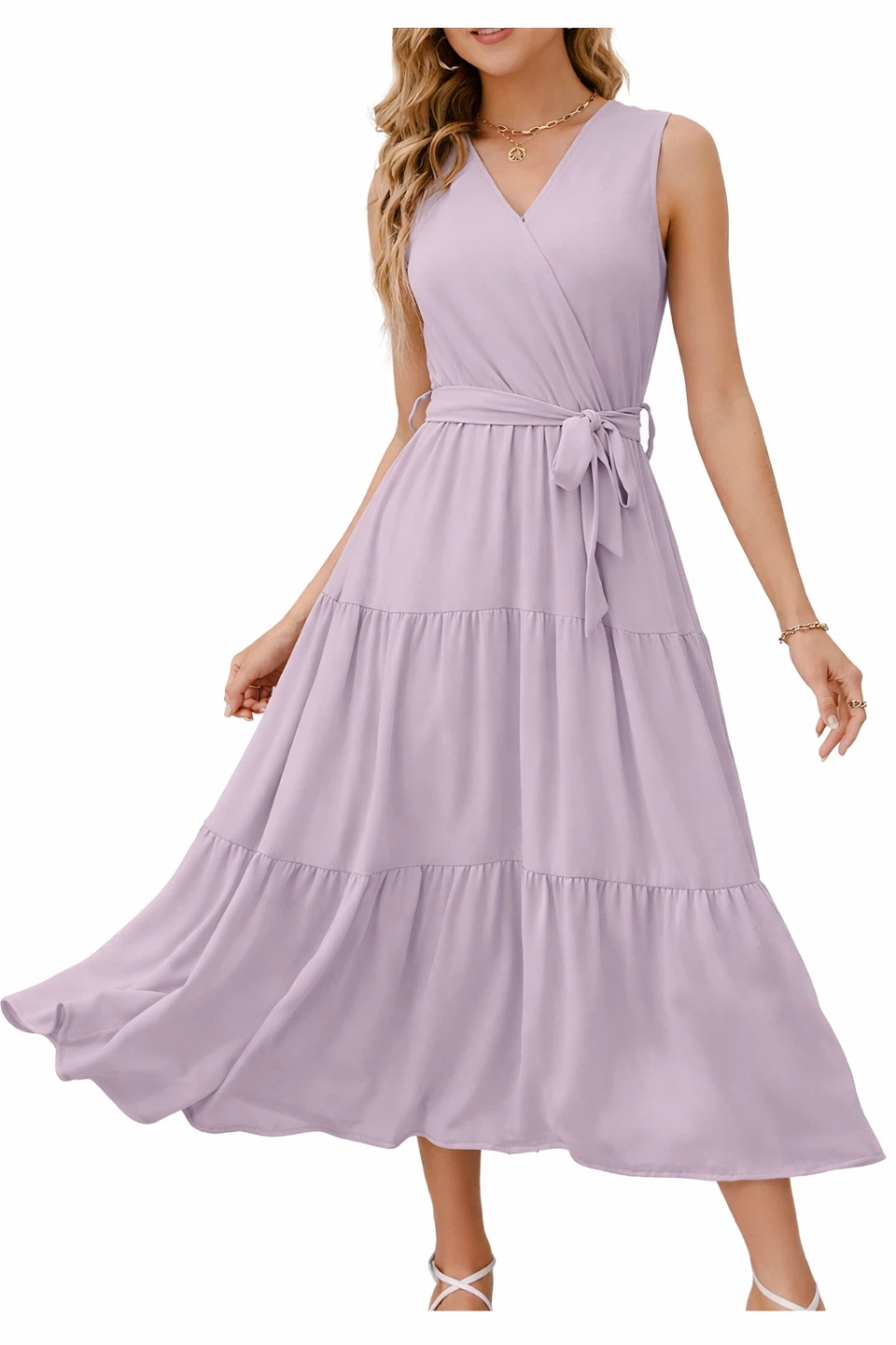 NEW! ZILCREMO Lilac Tiered Chiffon Midi Dress | V-Neck | Belted