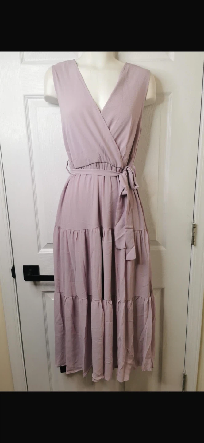 NEW! ZILCREMO Lilac Tiered Chiffon Midi Dress | V-Neck | Belted - photo 3