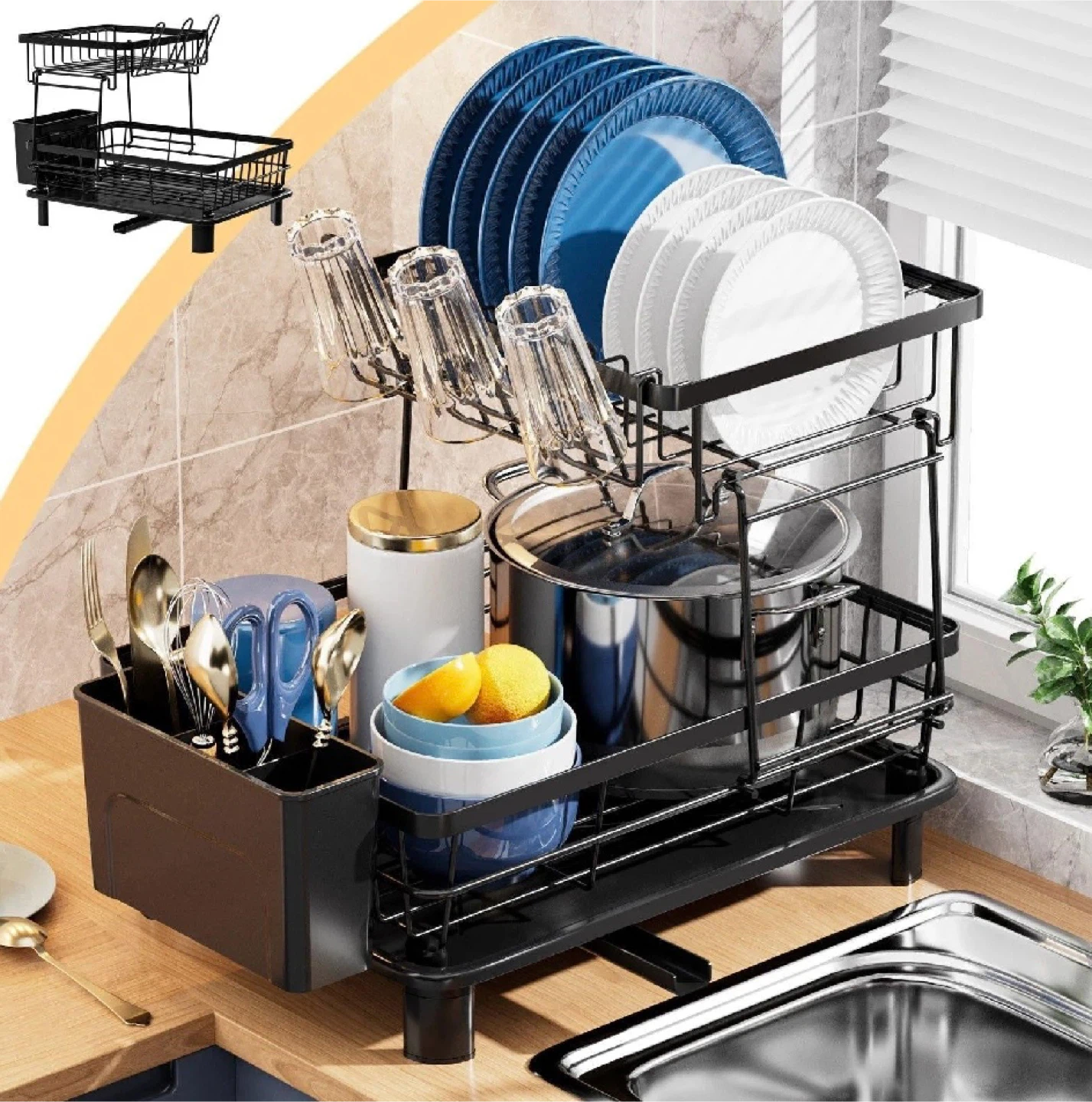 Black 2-Tier Dish Rack with Utensil Holder - photo 3