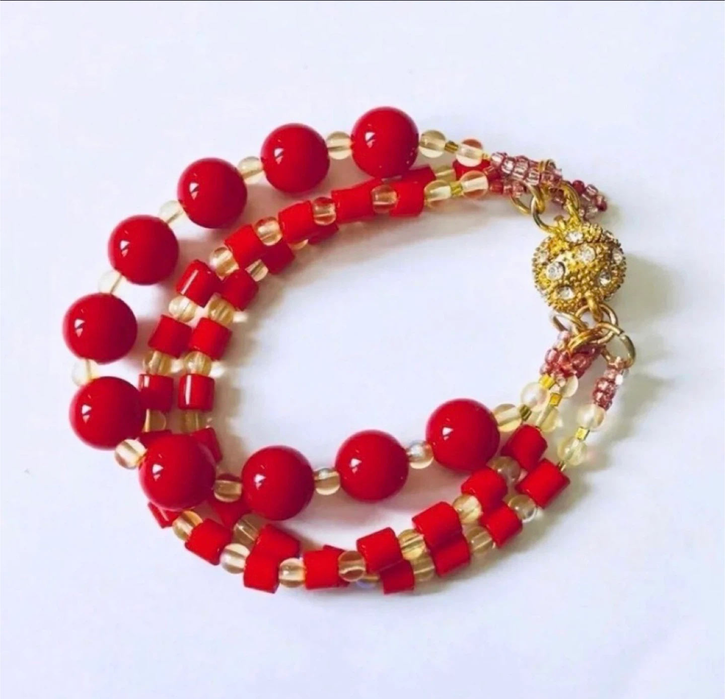 Red Beaded Charm Bracelet with magnetic clasp, 3 strands