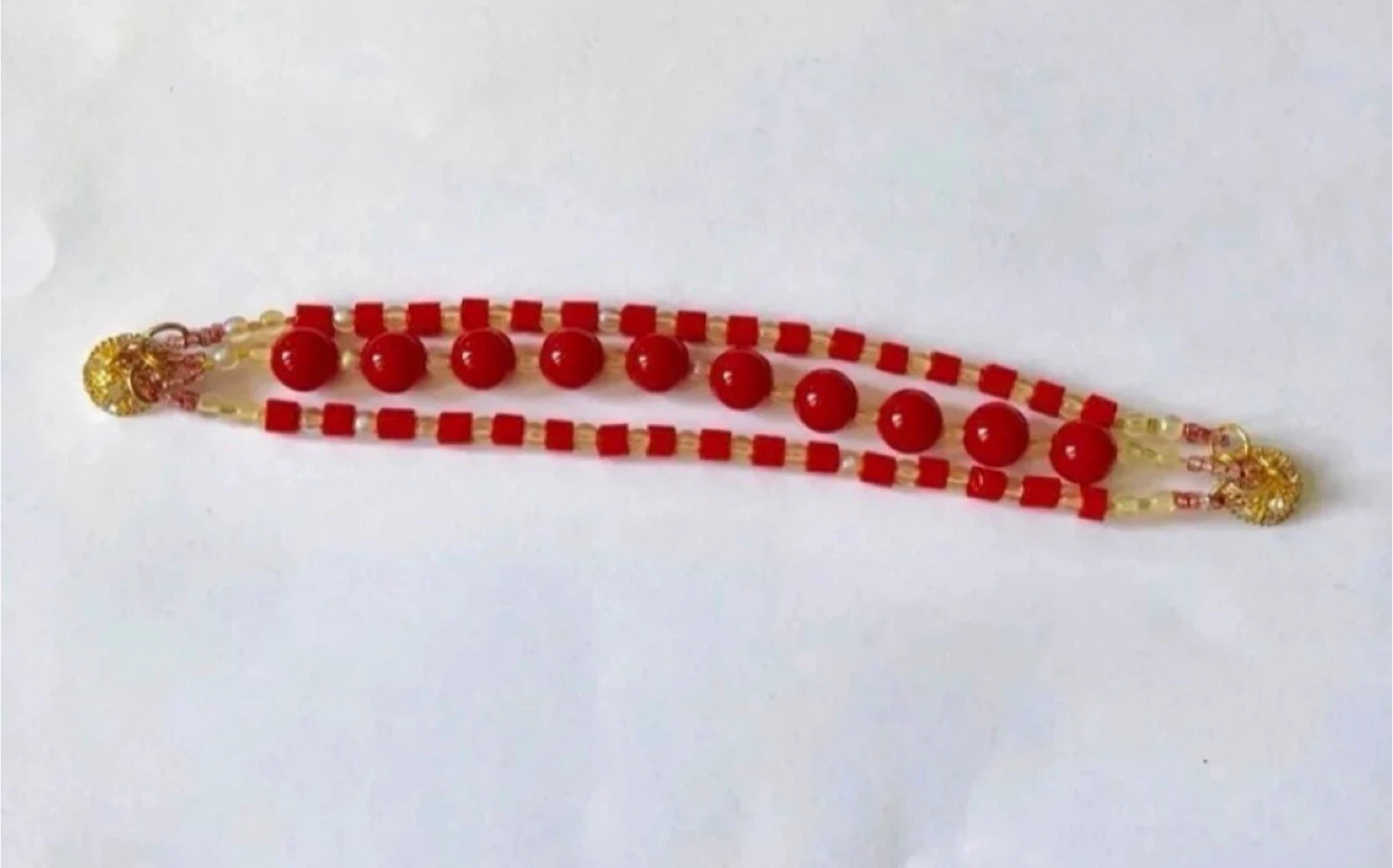 Red Beaded Charm Bracelet with magnetic clasp, 3 strands - photo 2