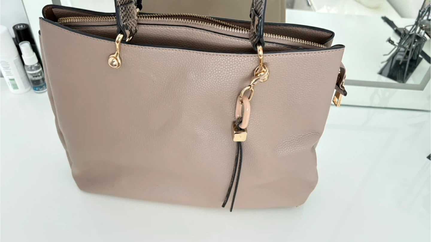 Taupe Faux Leather Tote Bag with Snake Print Straps - photo 4