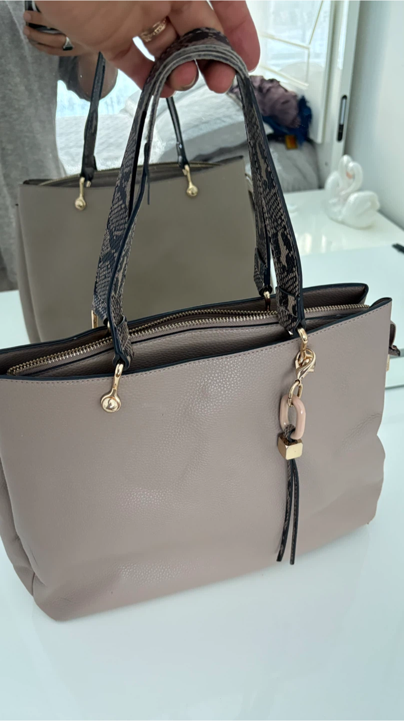 Taupe Faux Leather Tote Bag with Snake Print Straps