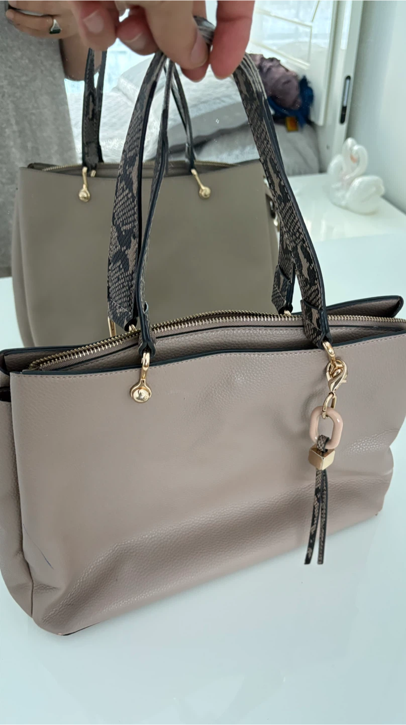 Taupe Faux Leather Tote Bag with Snake Print Straps - photo 2
