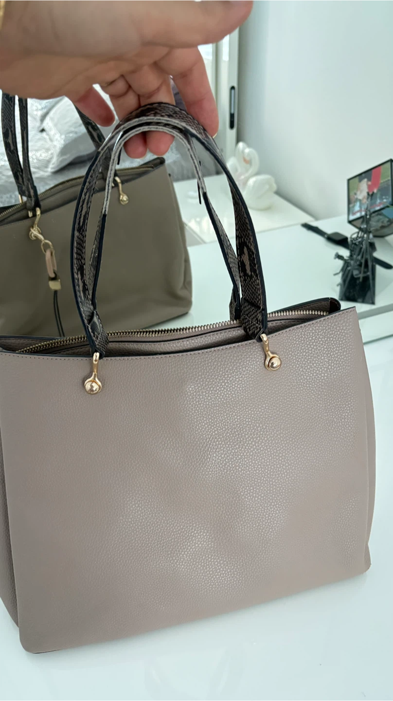 Taupe Faux Leather Tote Bag with Snake Print Straps - photo 3