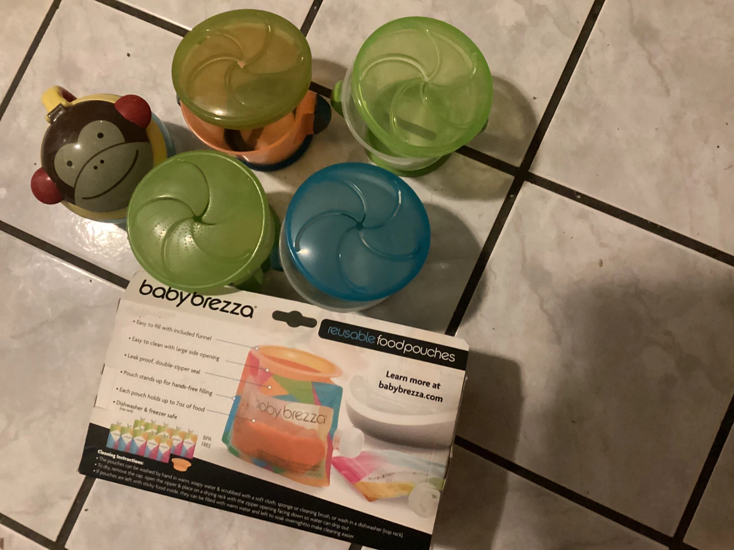 New Baby Brezza Reusable Food Pouches and 5 snack cups with tops