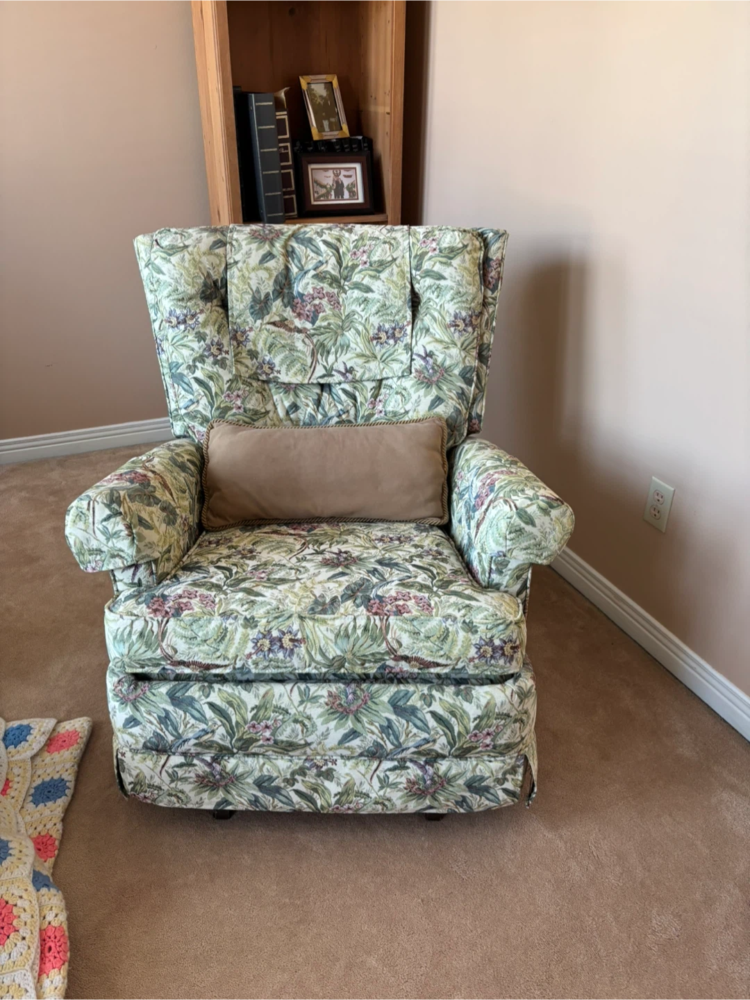 Floral Wingback Armchair with Throw Pillow