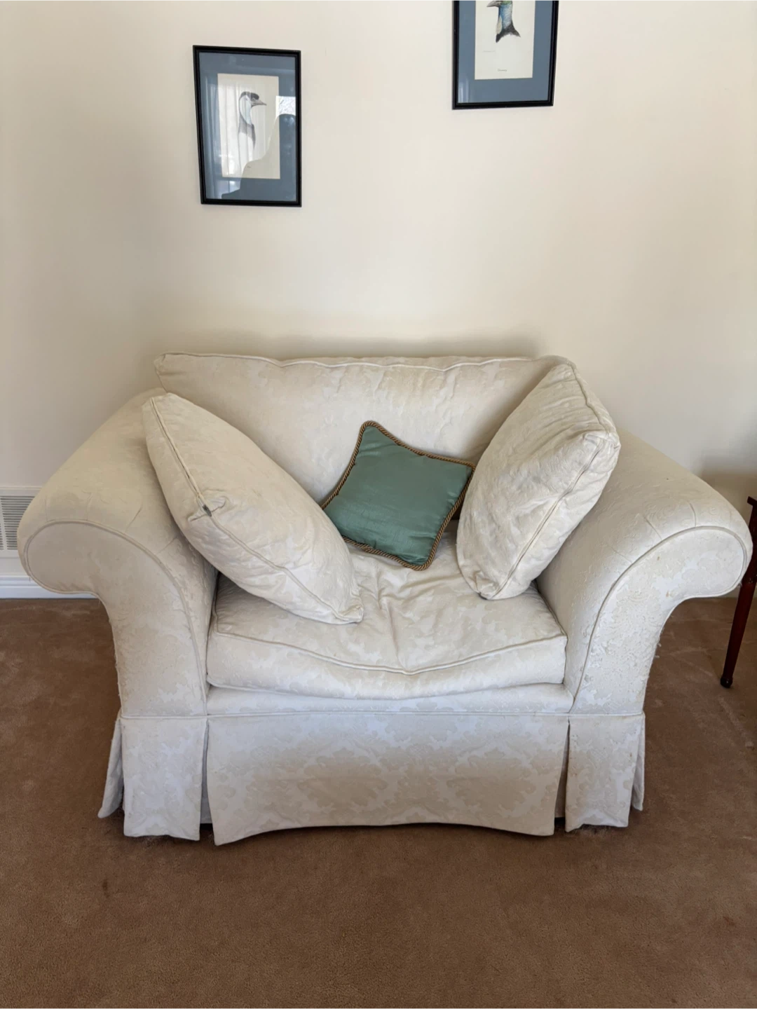 Cream Damask Loveseat Sofa with Accent Pillow