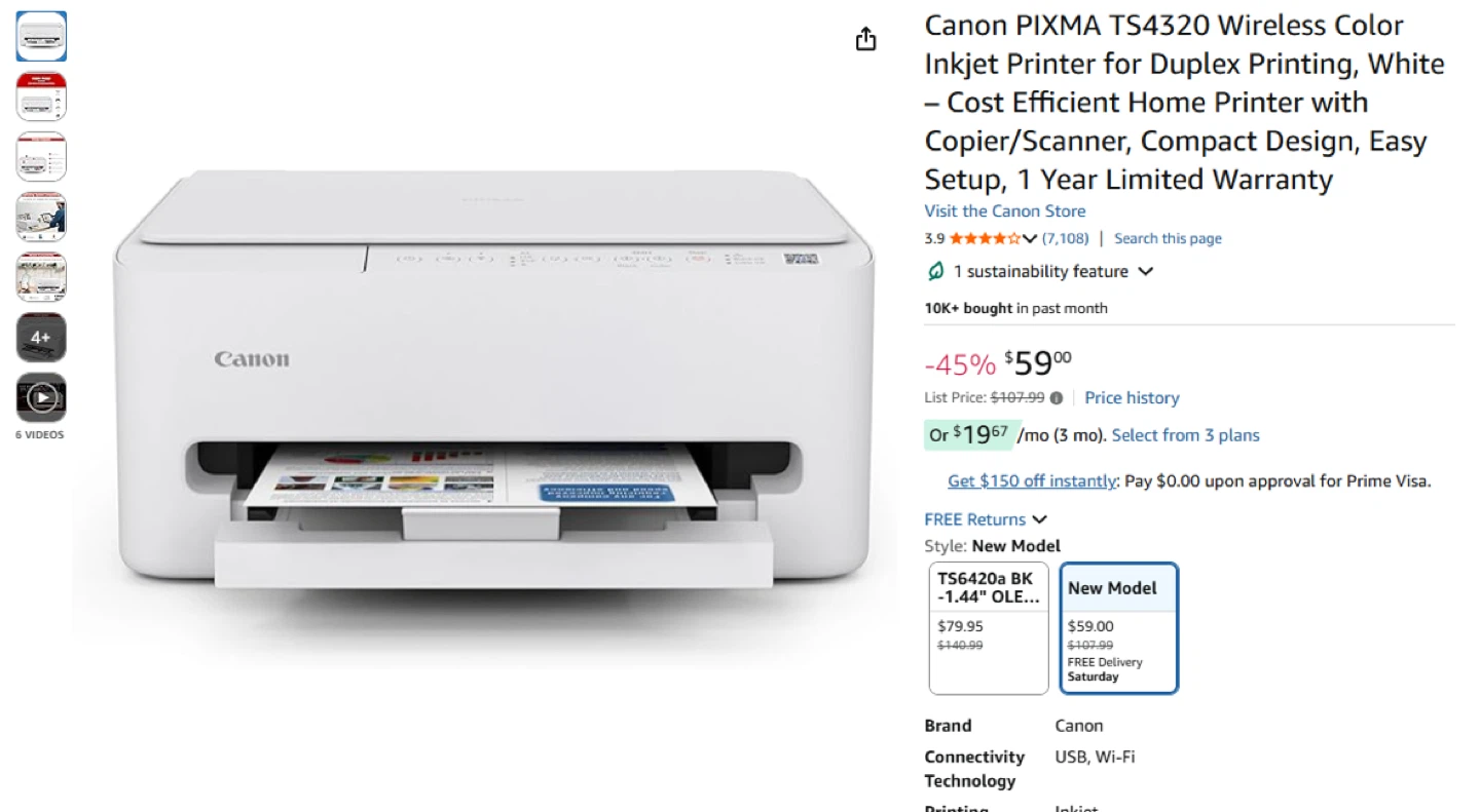 Canon PIXMA TS4320 Wireless Color Inkjet Printer
