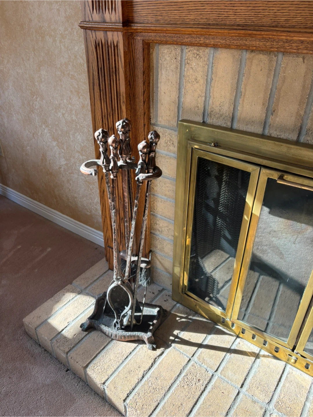 Vintage Metal Fireplace Tool Set with Lion Tops