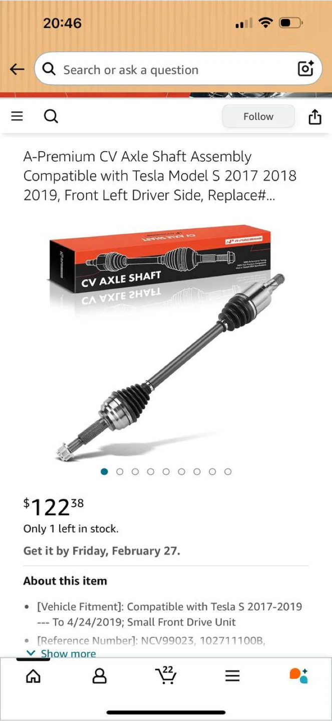 A-Premium CV Axle Shaft – Front Left for Tesla Model S 2017–2019