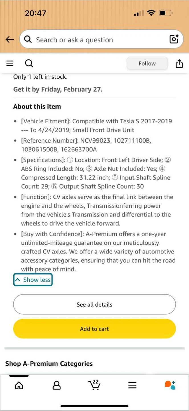A-Premium CV Axle Shaft – Front Left for Tesla Model S 2017–2019 - photo 2
