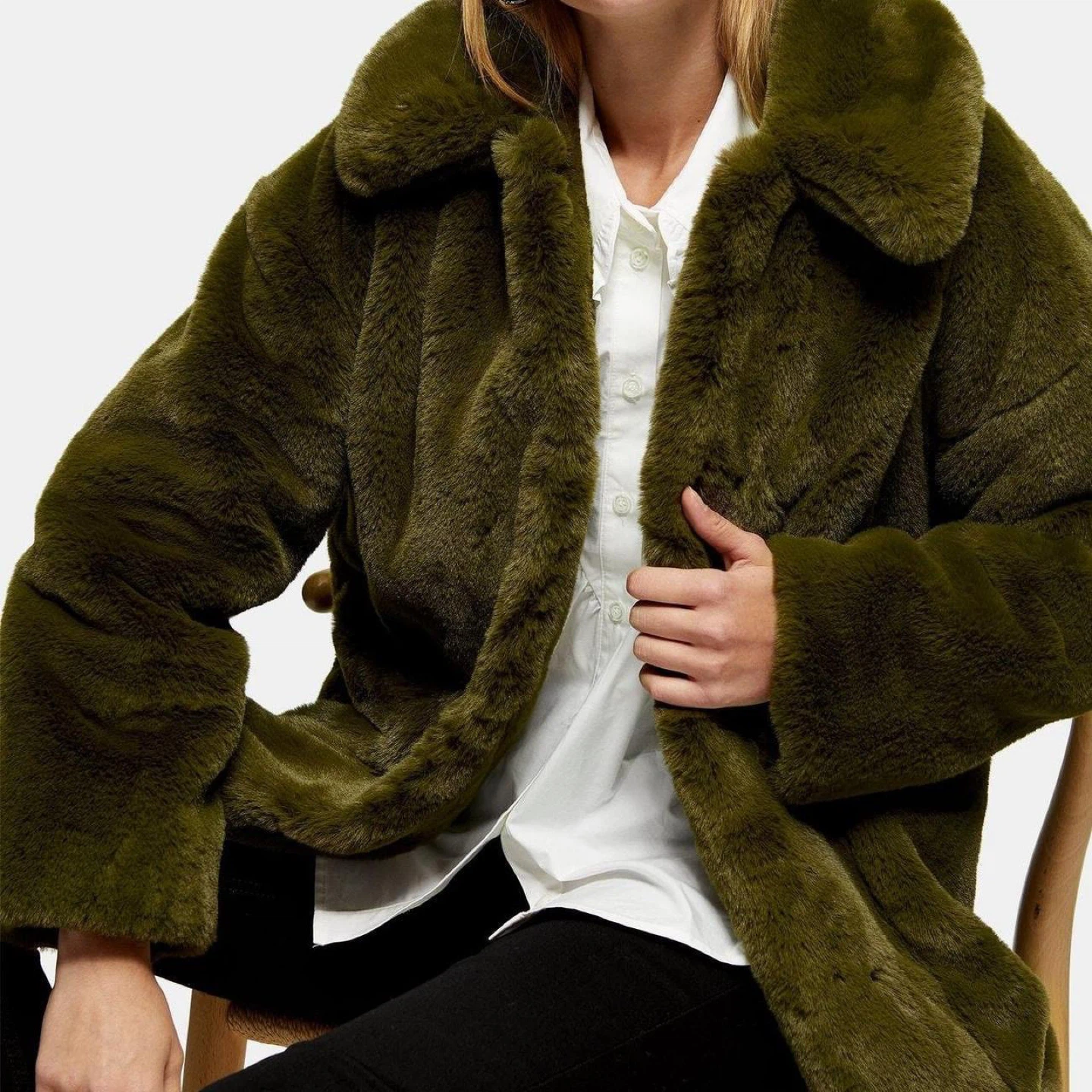 TOPSHOP Olive Green Faux Fur Coat - photo 3