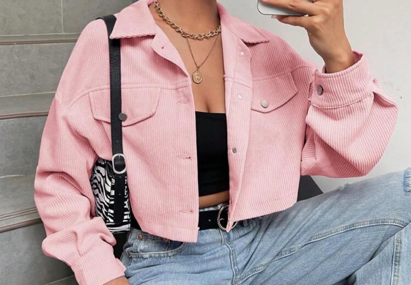 Pink Corduroy Cropped Jacket