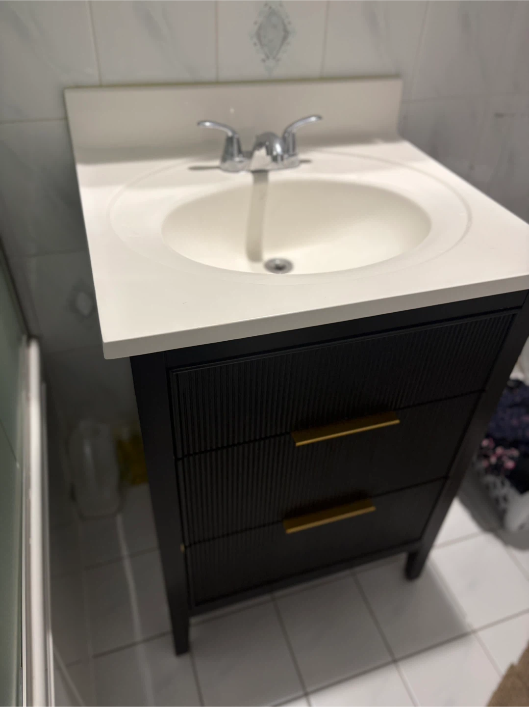 Black Vanity with Gold Drawer Pulls and Integrated Sink - photo 3