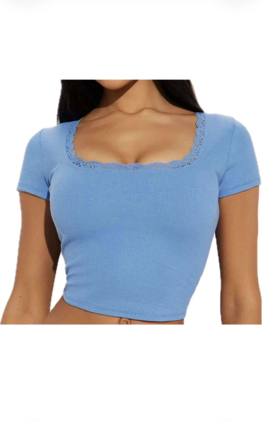 Blue Ribbed Crop Top with Lace Trim