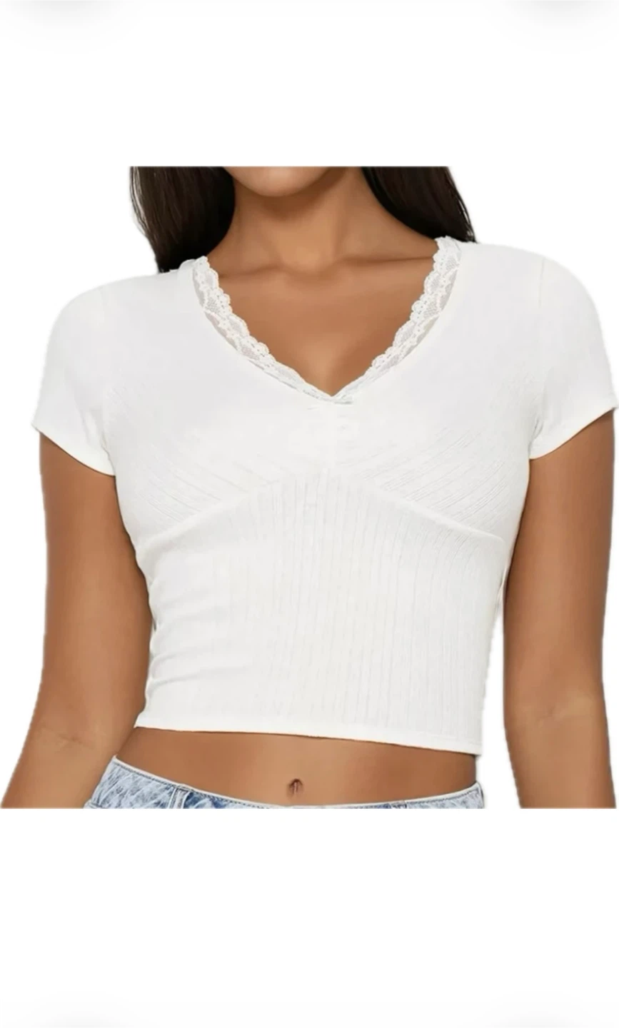 White Lace Trim V-Neck Ribbed Cropped Top