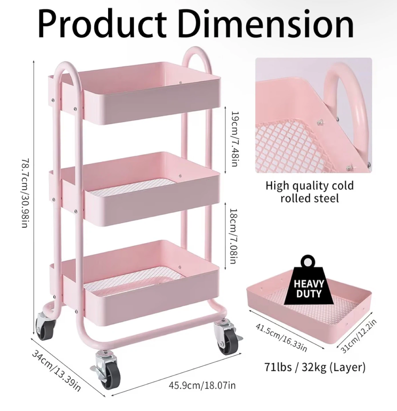 Pink 3-Tier Rolling Storage Cart with Wheels - photo 2