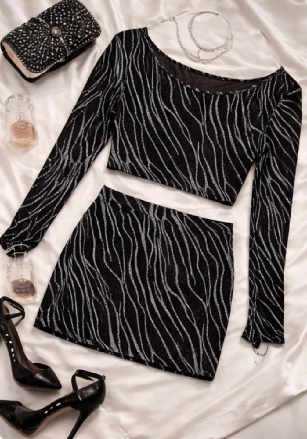 Black and Silver Glitter Zebra Print Crop Top and Skirt Set