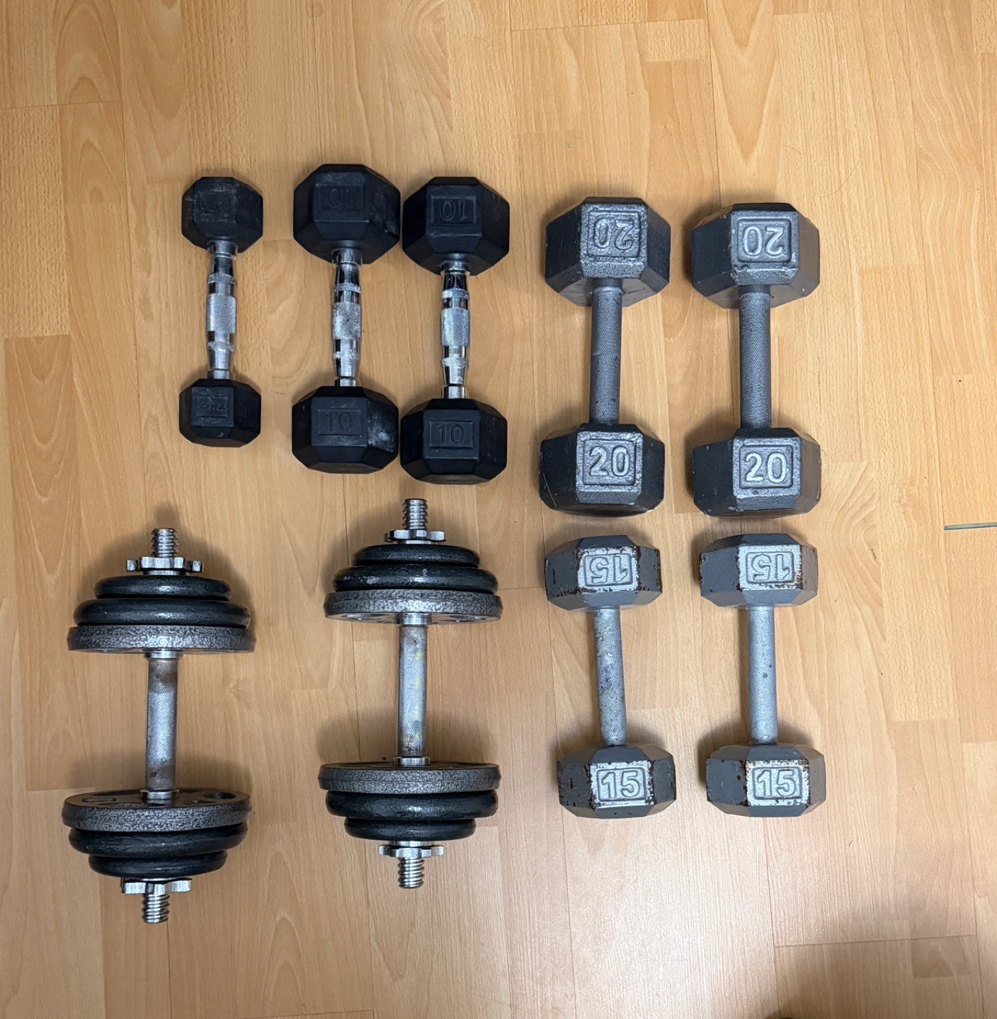 Hex Dumbbells and adjustable plate dumbbells