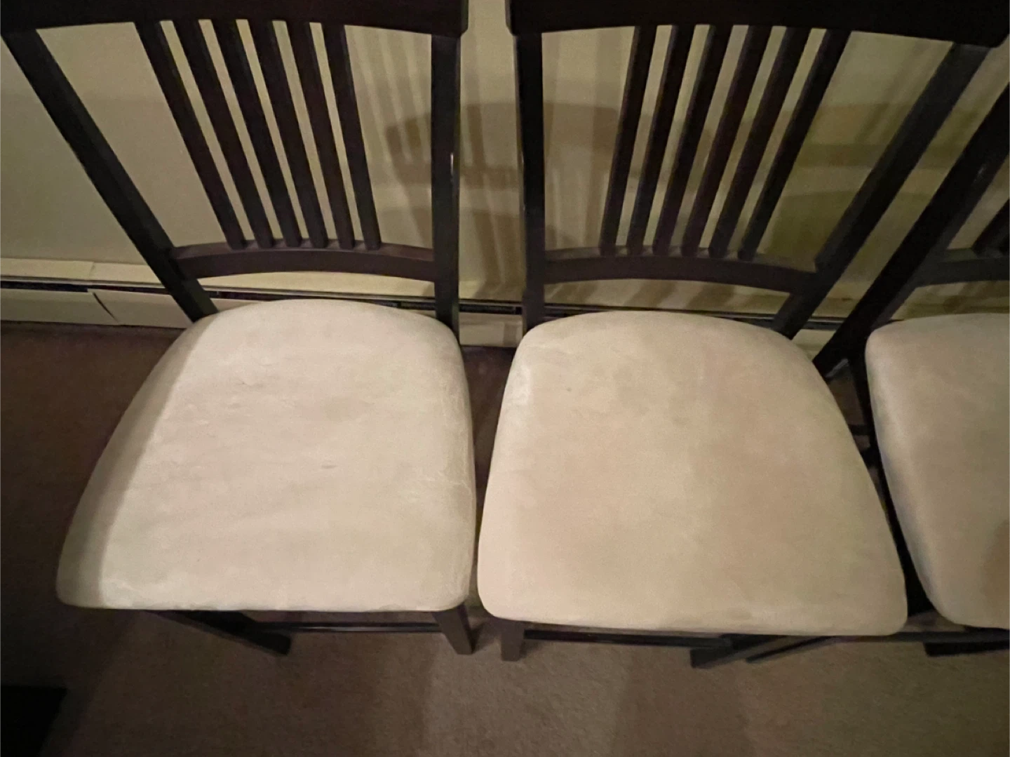 Set of 4 Dark Wood Bartender Height Stools with Cream Cushions - photo 5