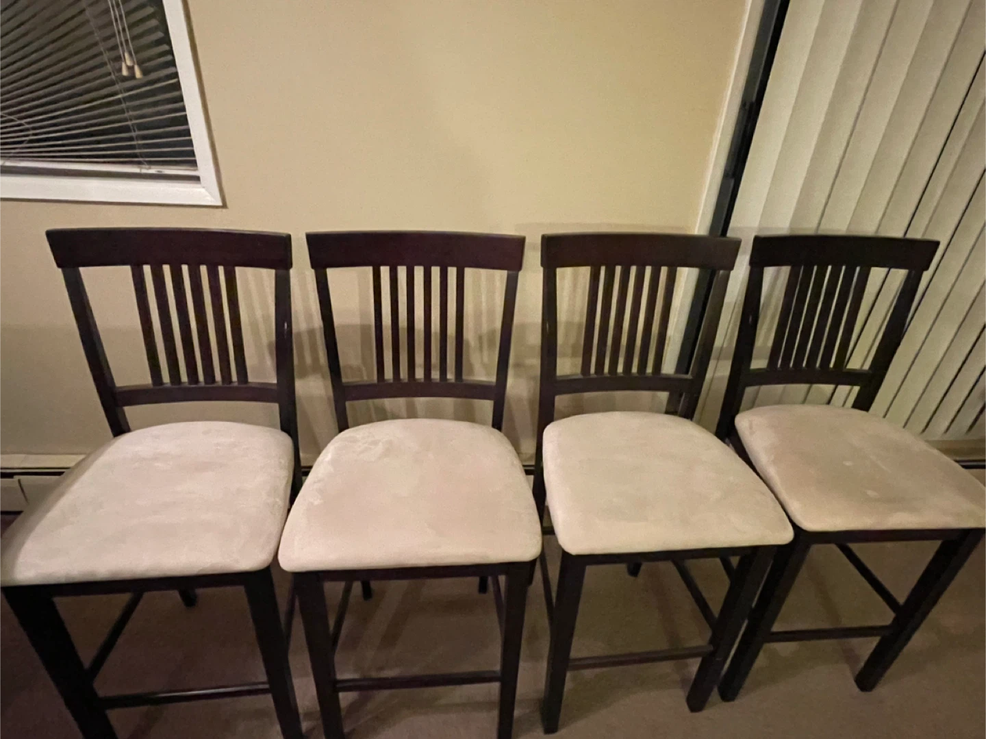 Set of 4 Dark Wood Bartender Height Stools with Cream Cushions