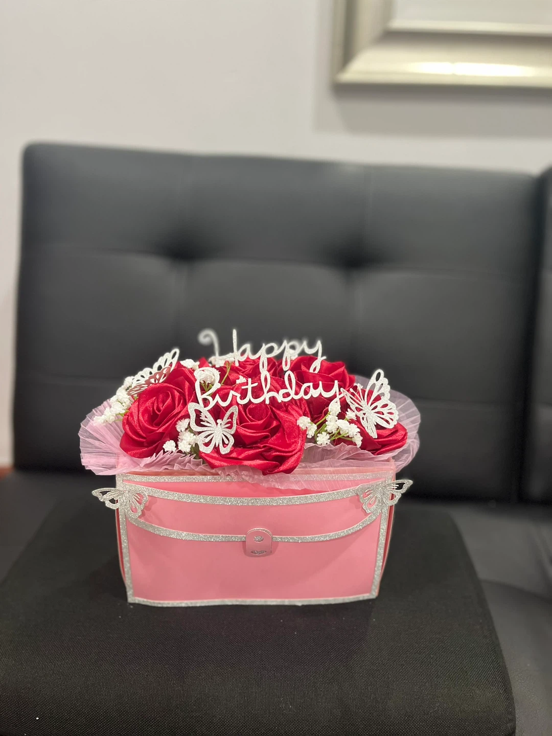 Pink Handbag Flower Box with Roses and "Happy Birthday" Topper - photo 2