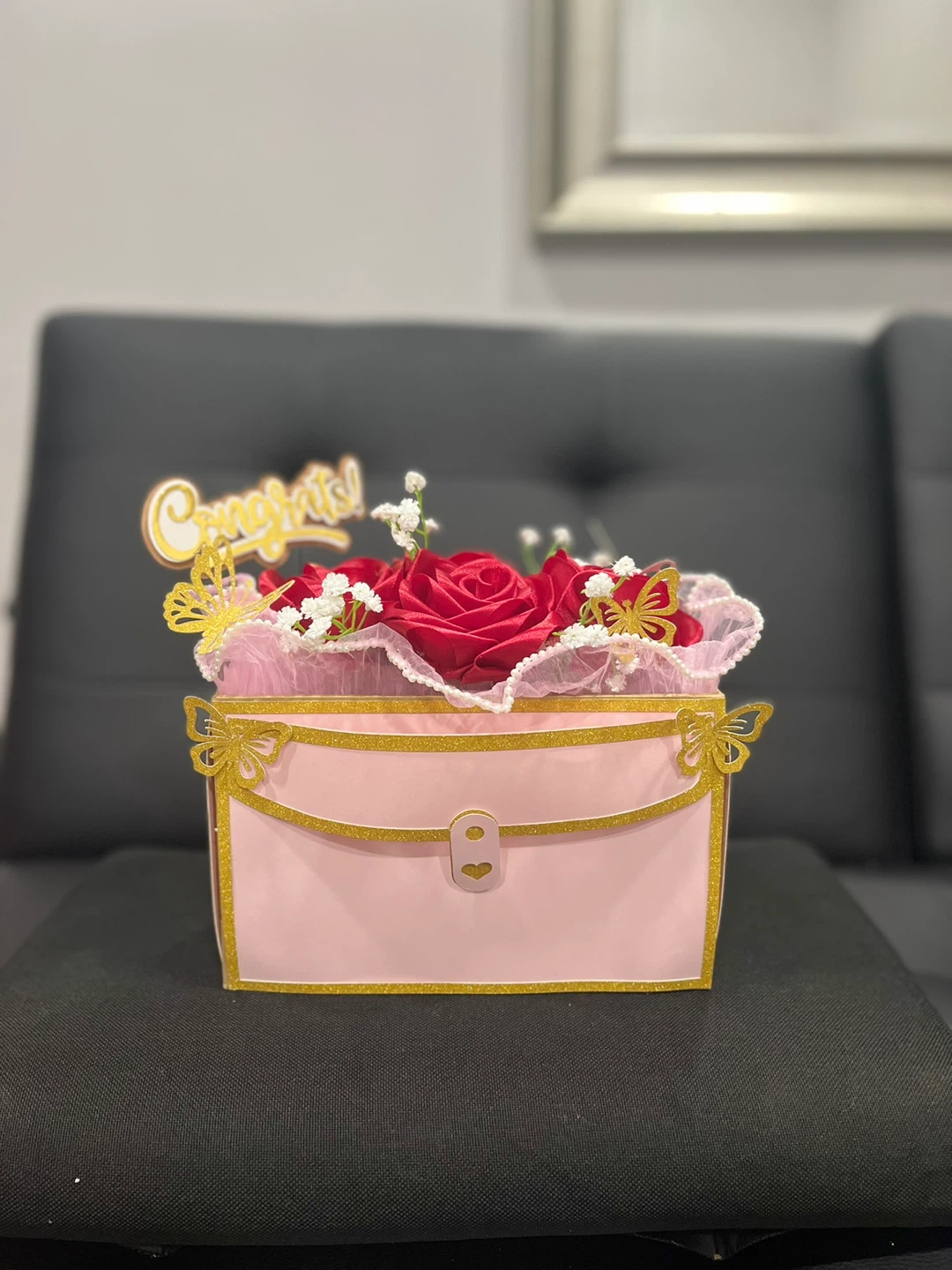Pink Handbag Flower Box with Roses and "Happy Birthday" Topper