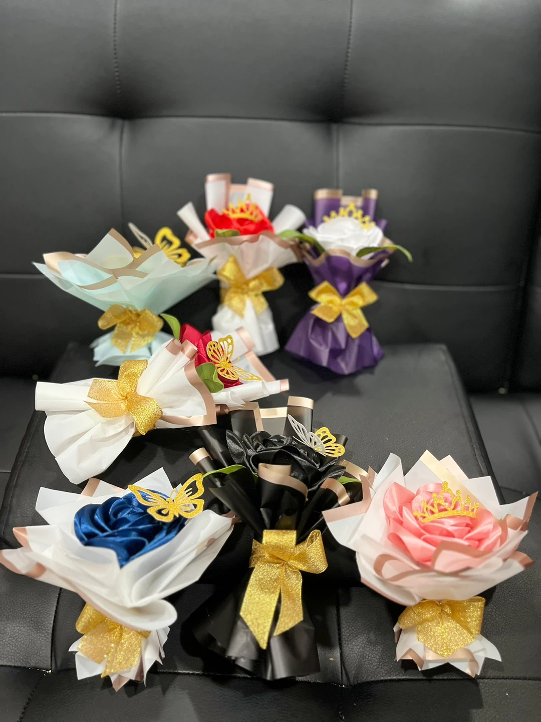 Ribbon Flower Bouquets with Crowns and Butterflies