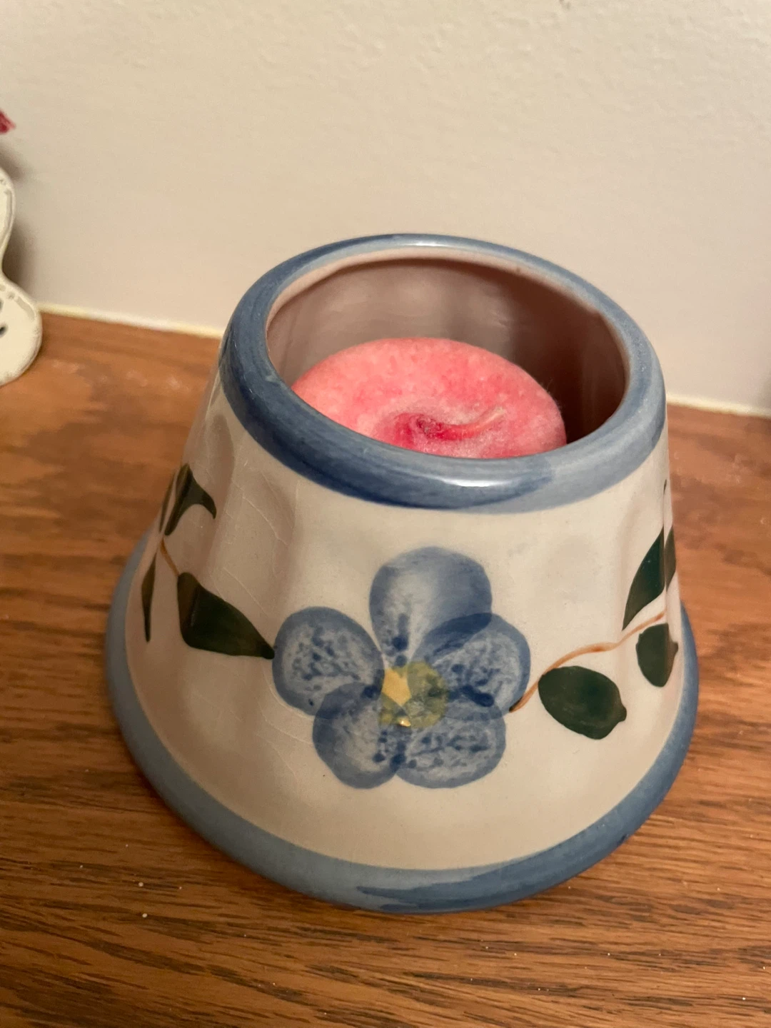 Ceramic Candle Holder with Blue Flower Design - photo 2