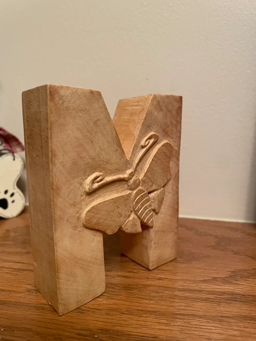 Wooden "M" Letter with Butterfly Carving - photo 2