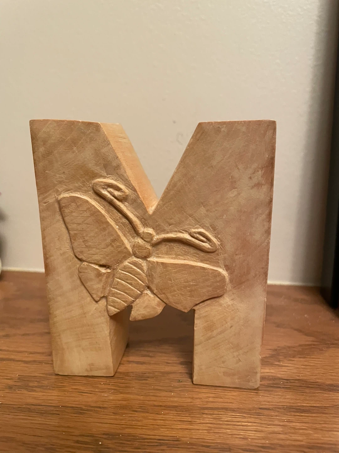 Wooden "M" Letter with Butterfly Carving