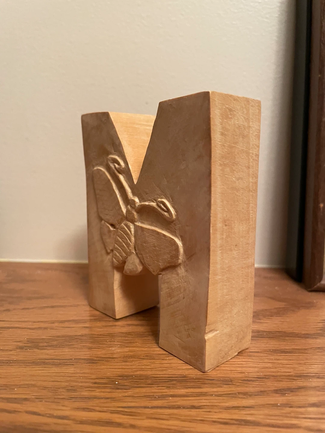 Wooden "M" Letter with Butterfly Carving - photo 3