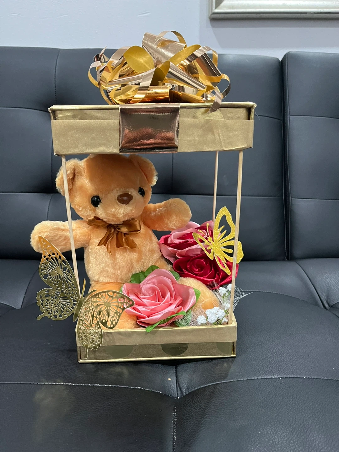 Teddy Bear Gift Basket with Roses and Butterflies