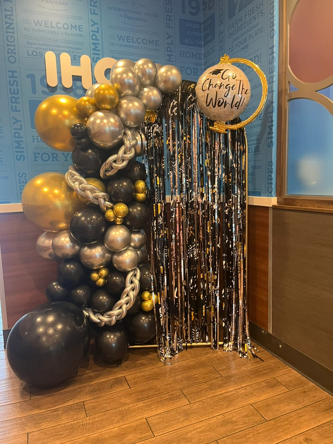 Gold, Silver, and Black Balloon Arch with Globe Decor - photo 2