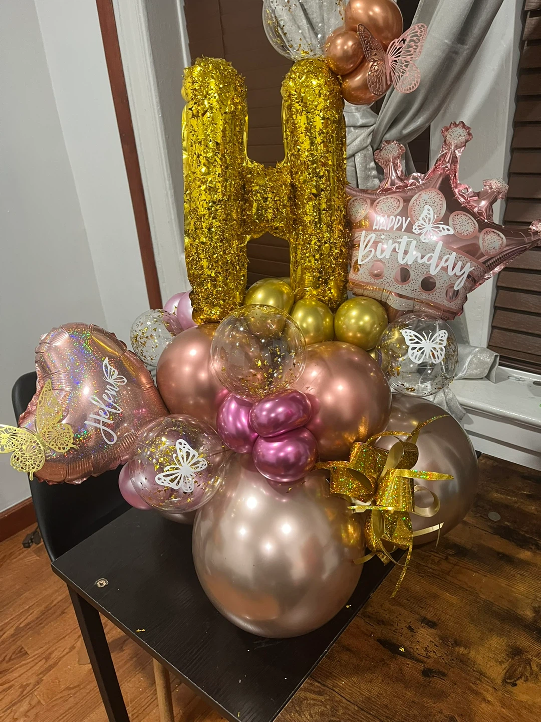 Happy Birthday Balloon Arrangement with Crown and "H"