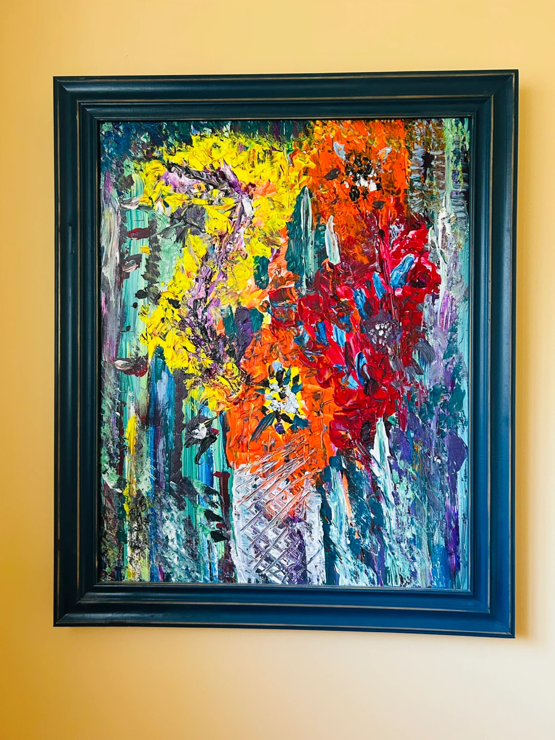 Textured Floral Painting in Blue Frame