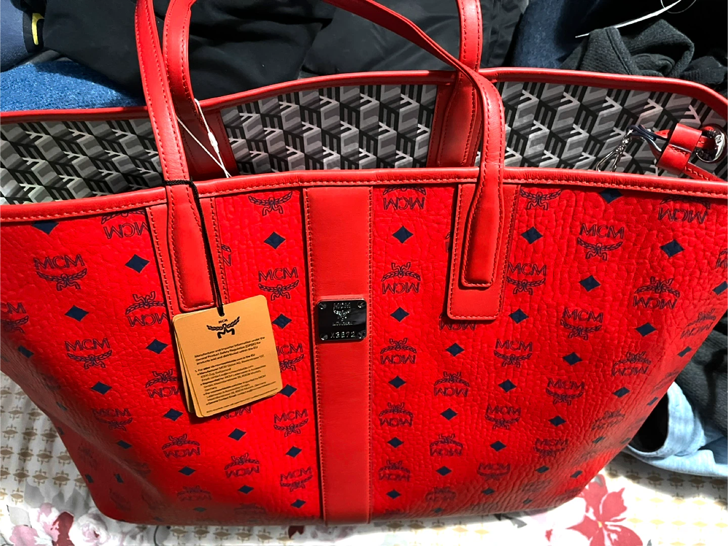 MCM Red Monogram Tote Bag