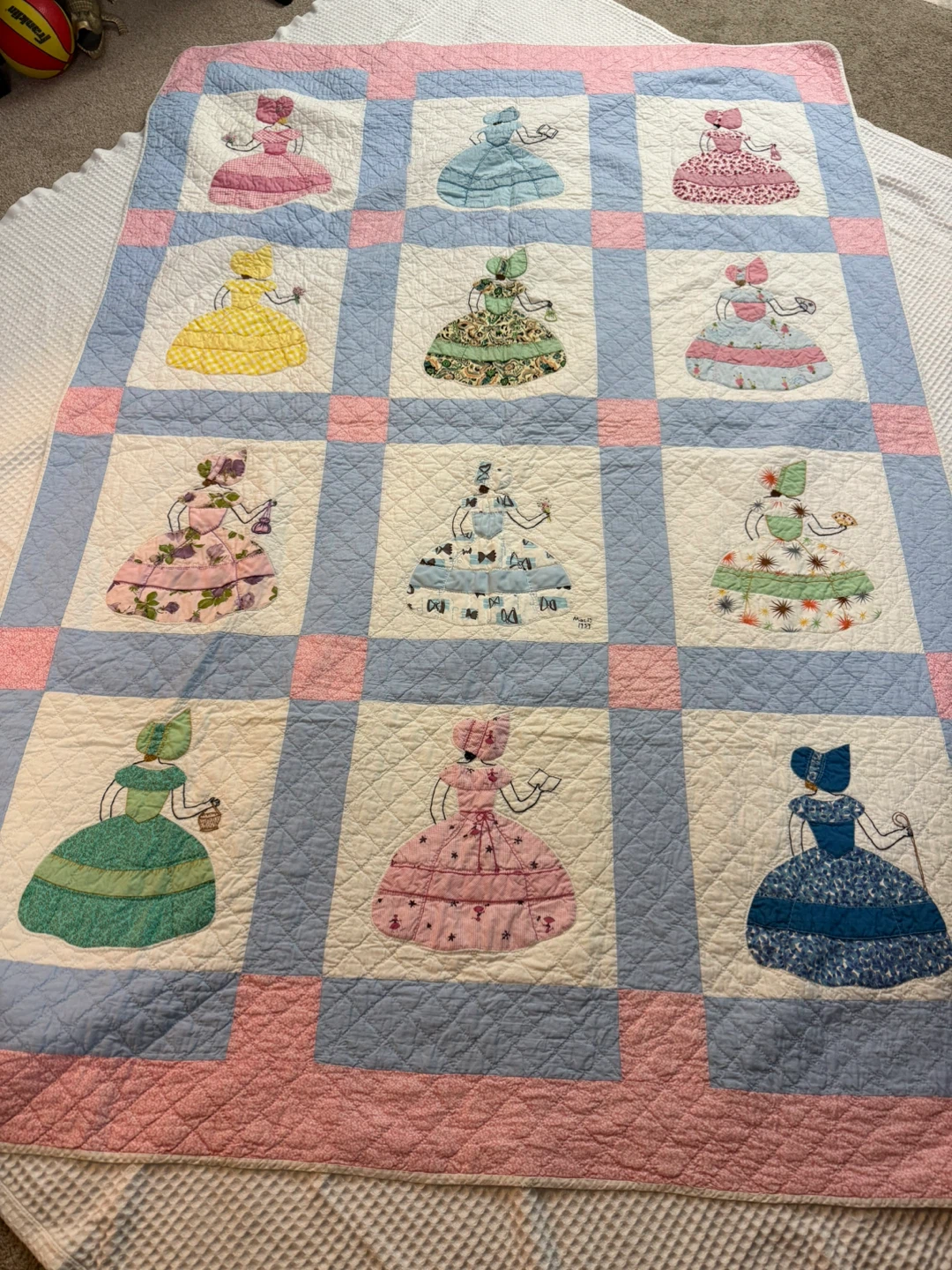 1957 Sunbonnet Sue Quilt Hand Quilted Signed Americana Throw