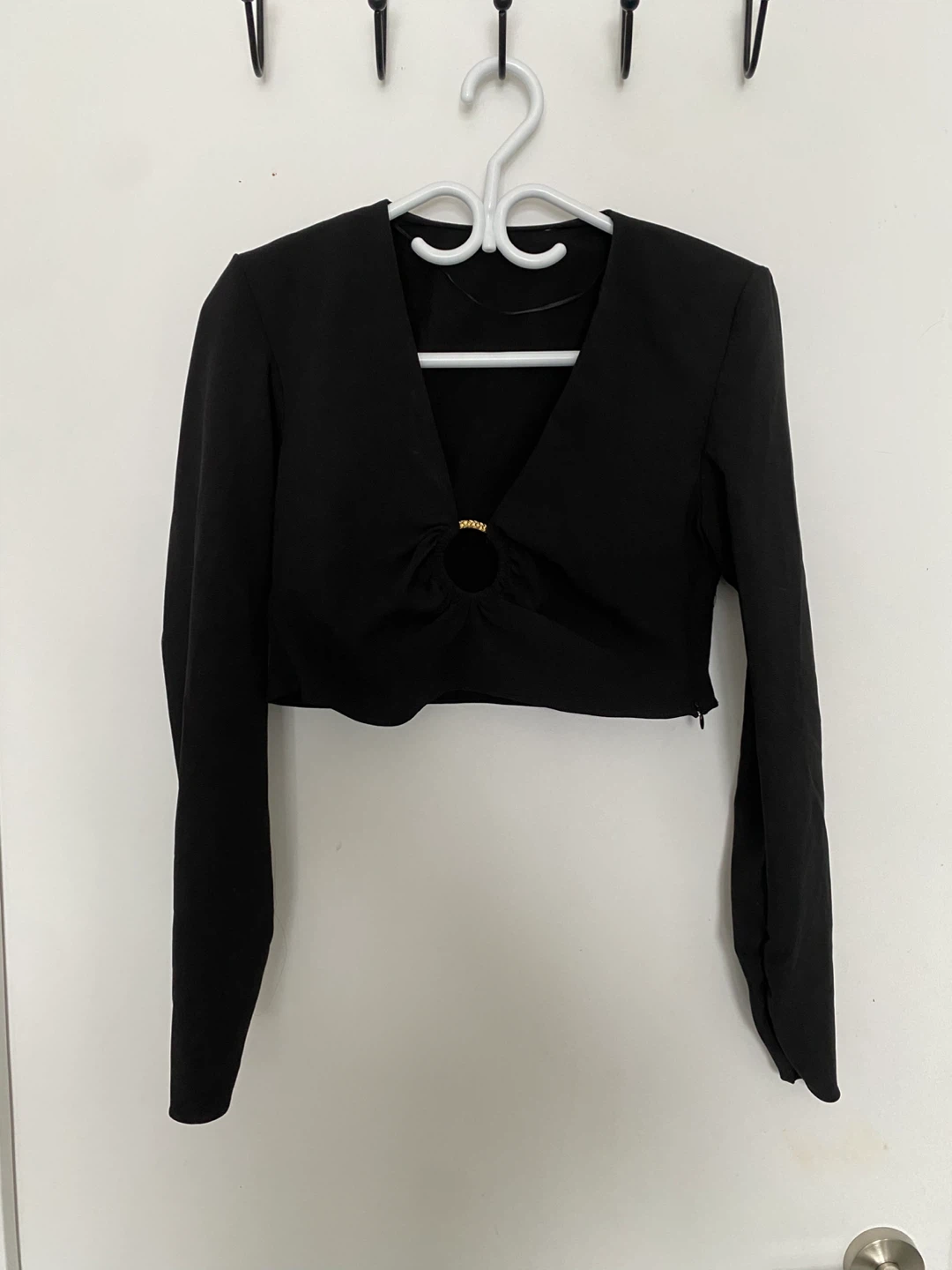 Zara Black Long Sleeve Crop Top Gold Ring Detail