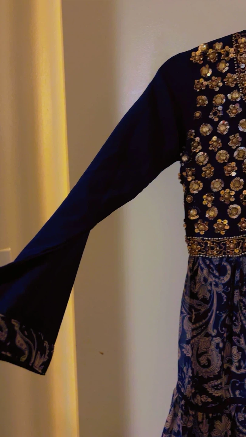 Navy Blue Beaded Tiered Dress with Paisley Print eid - photo 4