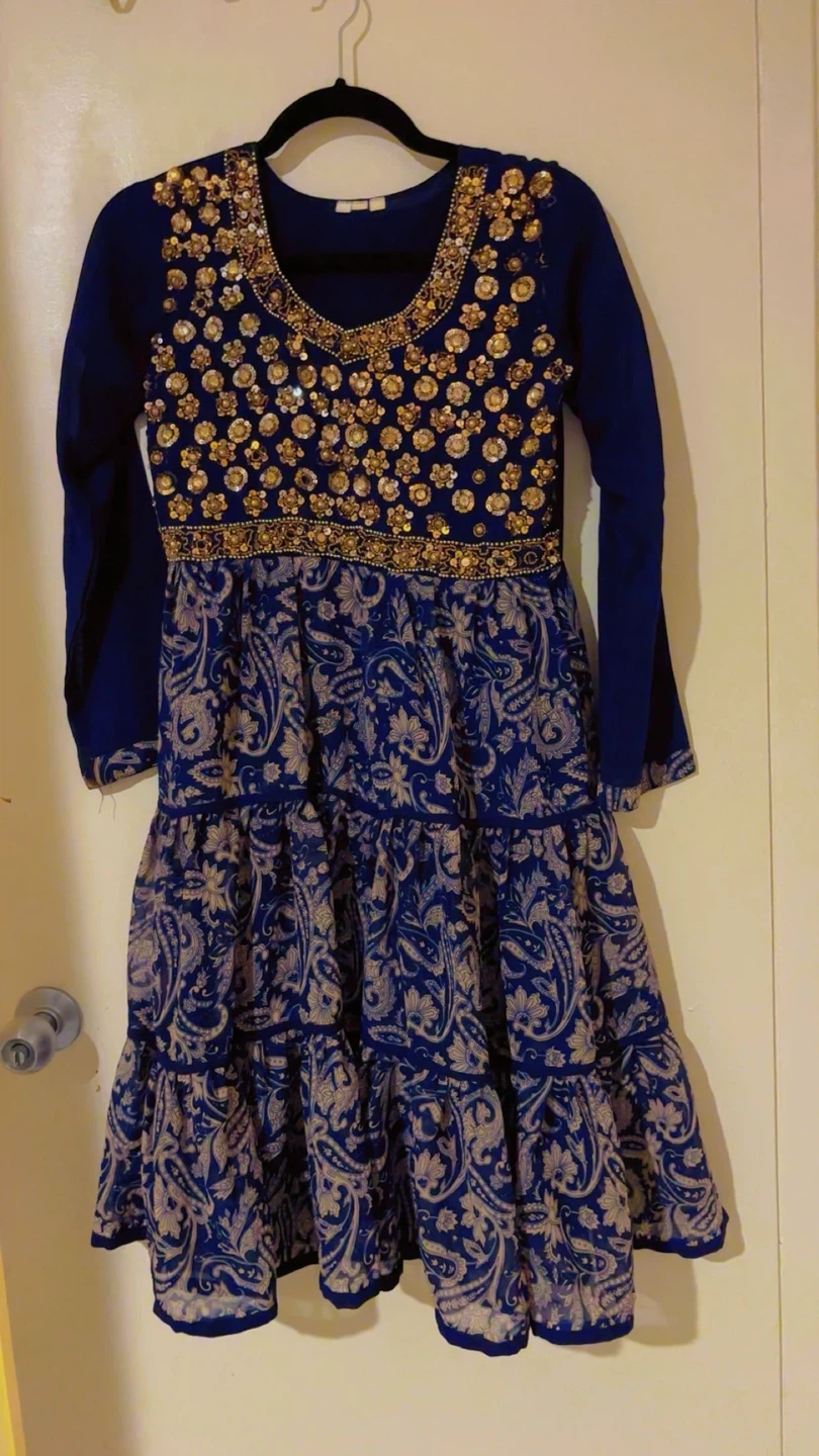 Navy Blue Beaded Tiered Dress with Paisley Print eid - photo 2