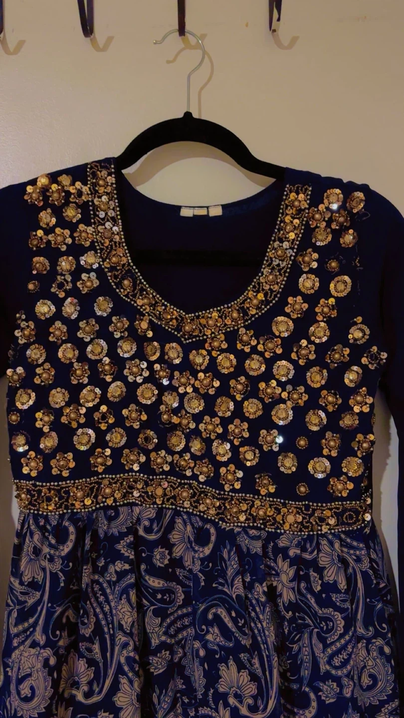 Navy Blue Beaded Tiered Dress with Paisley Print eid - photo 5